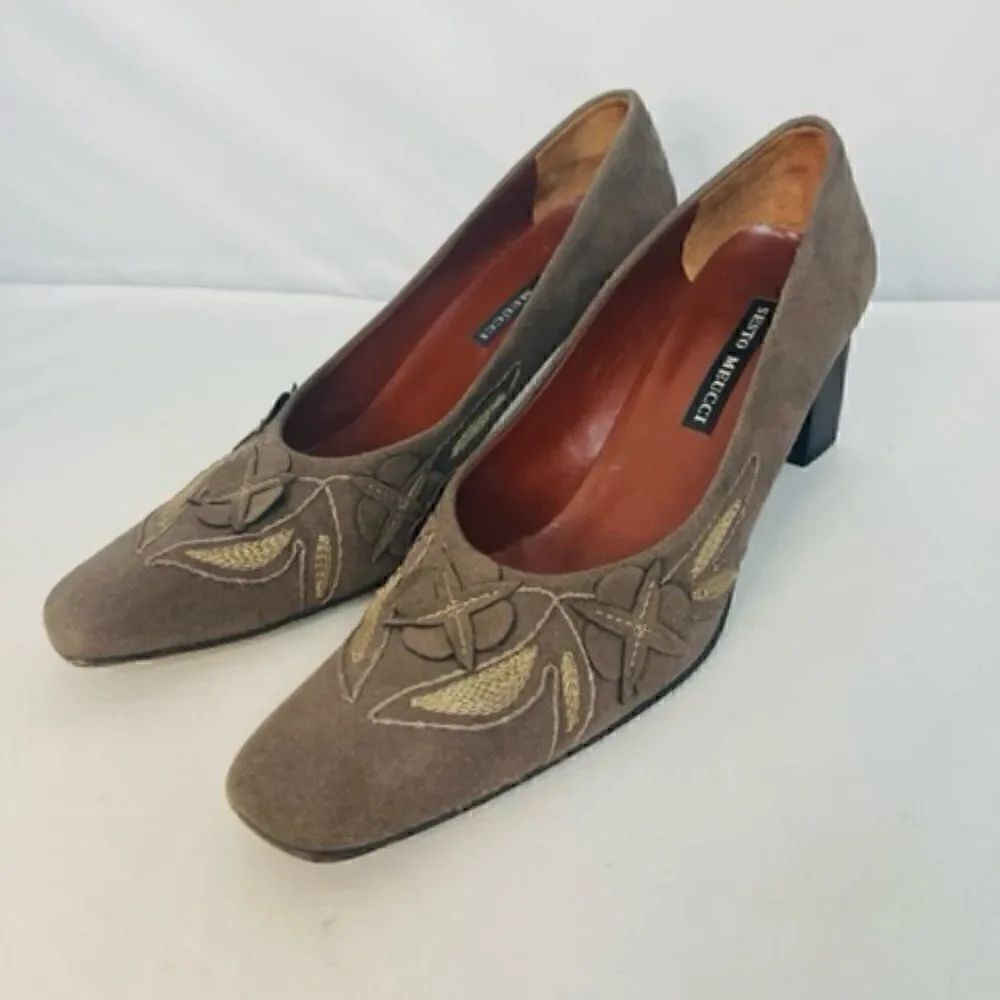 Sesto Meucci Brown Suede Leather Pumps High Heels Made in Spain Womens Sz 8 M
